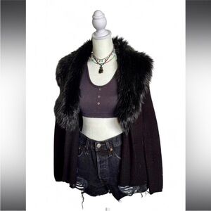 Guess Los Angeles Black Faux Fur Collar Open-Front Cardigan